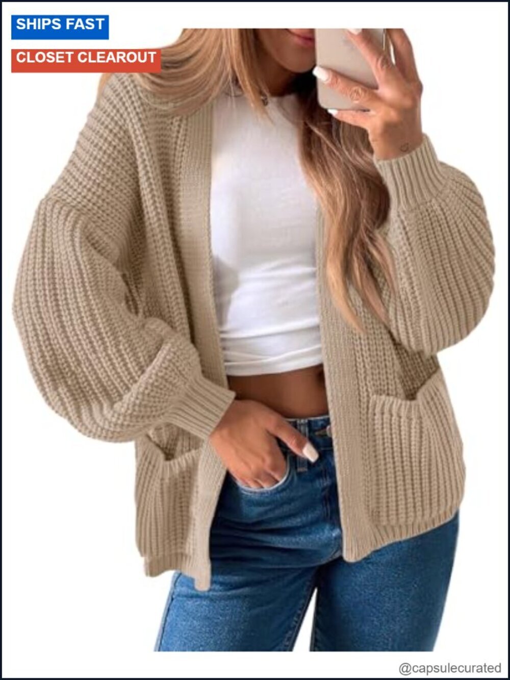 Oversized Cardigan Ribbed Chunky Knit Long Lantern Sleeve Open Front Fall